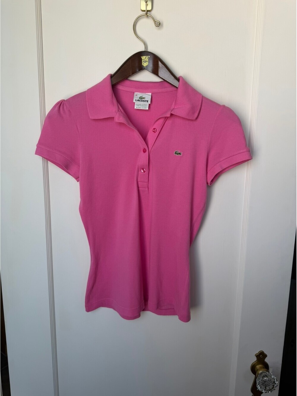 Lacoste Womenโs Pink Polo Shirt Size 36 Small Classic Crocodile Logo